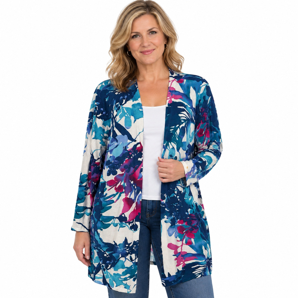 Chicos Thin Floral Open Cardigan Cotton Blend Sweater Long Sleeve Colorful 3 XL
